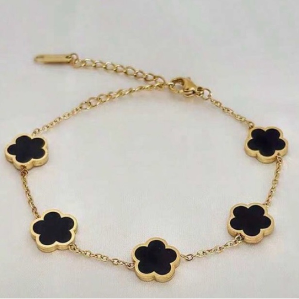 Gold filled Floral Link Bracelet with Black Clover Accents